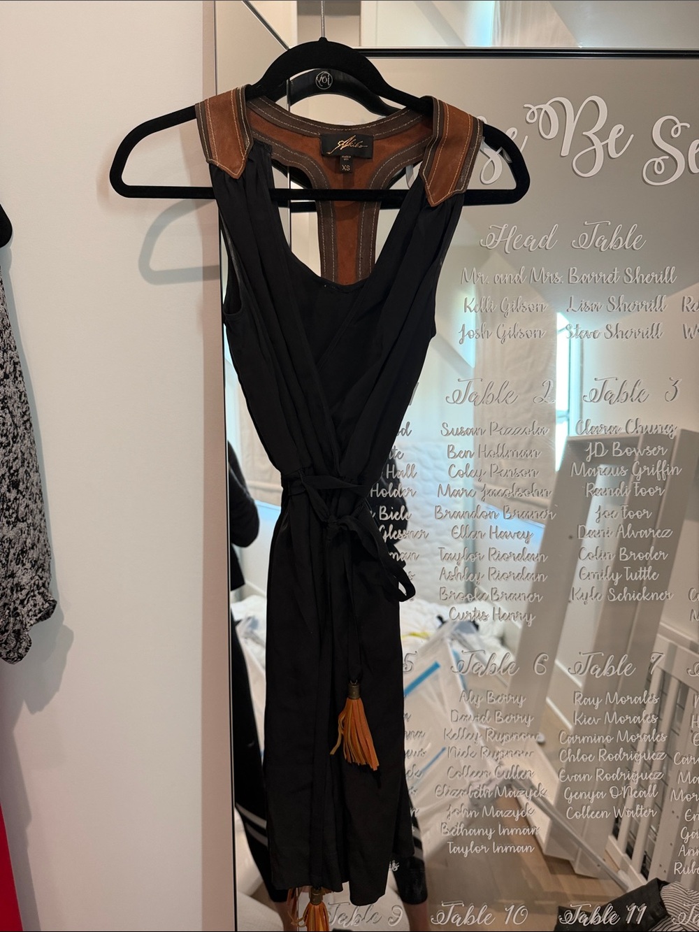 Akiko Black Midi Dress with Brown Leather Trim